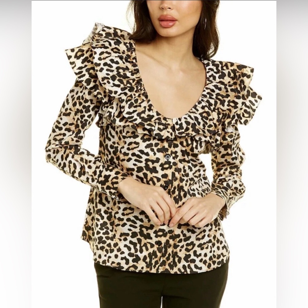 Something Navy Bailey Ruffle Button Down Leopard Print Size Small Long Sleeve